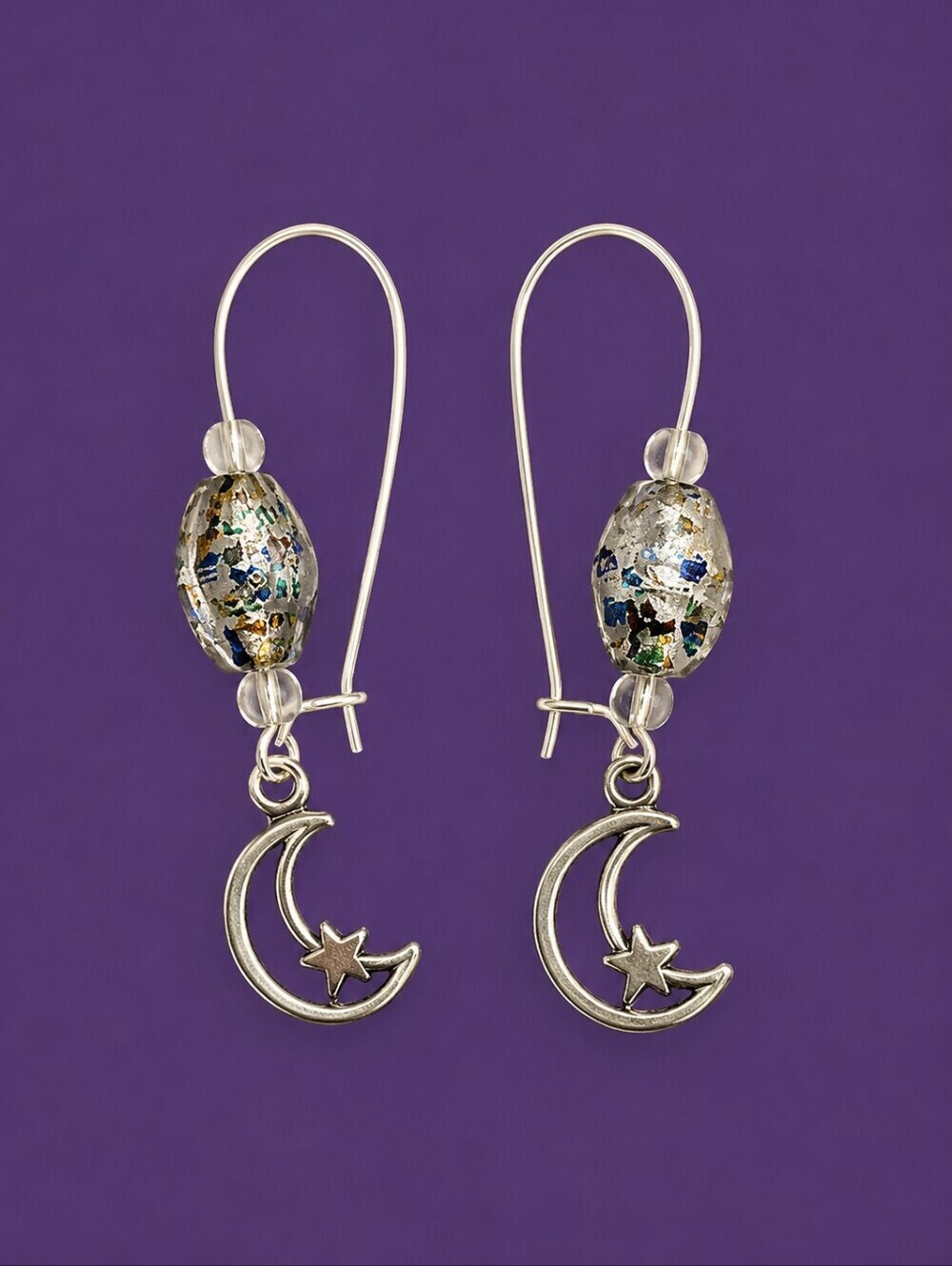 HANDMADE Silver Crescent Moon Lampwork Glass Beaded Hoop Earrings